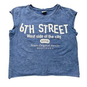 Bershka Blue 6TH STREET West Side Austin Texas Original Varsity Crop Top Shirt